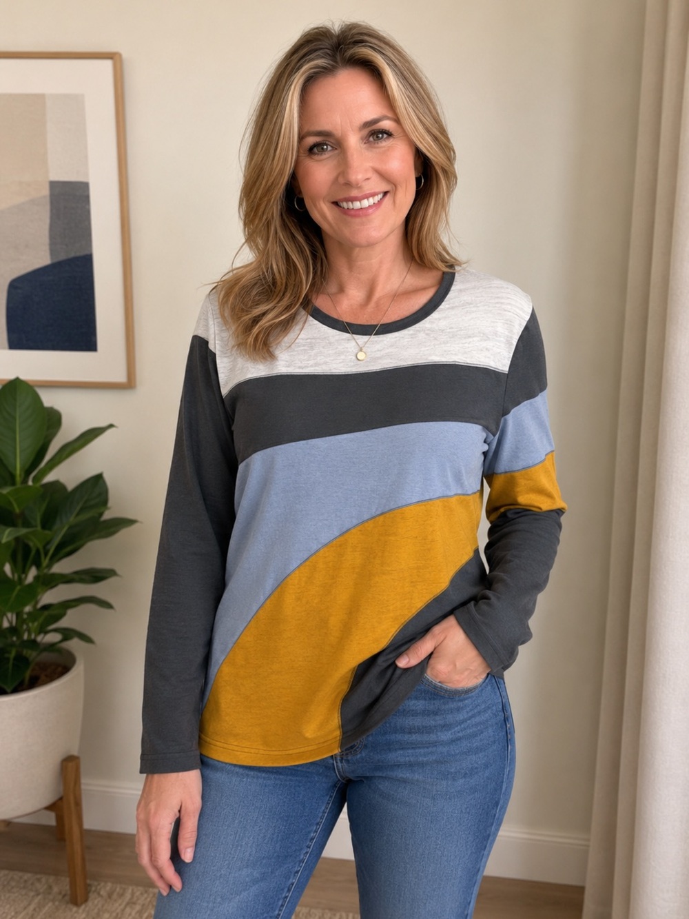 Cotton Bleu Colorblock Long Sleeve Top – Size Large